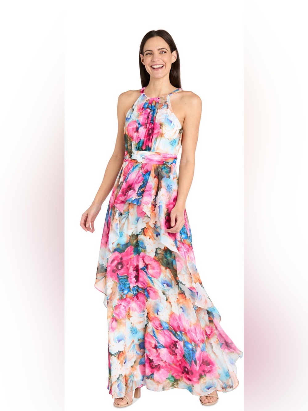R&M Richard’s Watercolor Floral Maxi Dress Ruffled Skirt High Neck Size 12. NWT.
